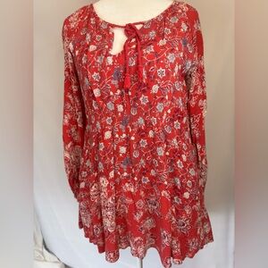 Free People Red Floral Asymmetric Mini Dress, Lined,  Tie Neckline